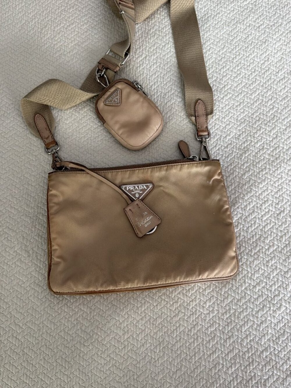 Authentic Prada Nylon Crossbody Bag with Mini Pouch – Beige/Tan